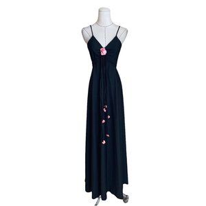 Vintage 70s Black Maxi Dress Poly With Rose Ties Groovy Hippie Hippy Boho